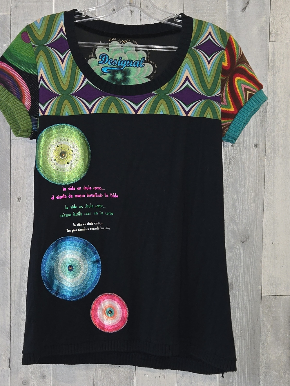 Desigual Black Artsy Vibe Embroidered Multicolor Geometric Yoke Tee Circa 2014